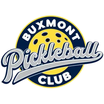 Logo of Buxmont Pickleball Club: Bold white text on blue and yellow background with a pickleball design, conveying a sporty and energetic tone.