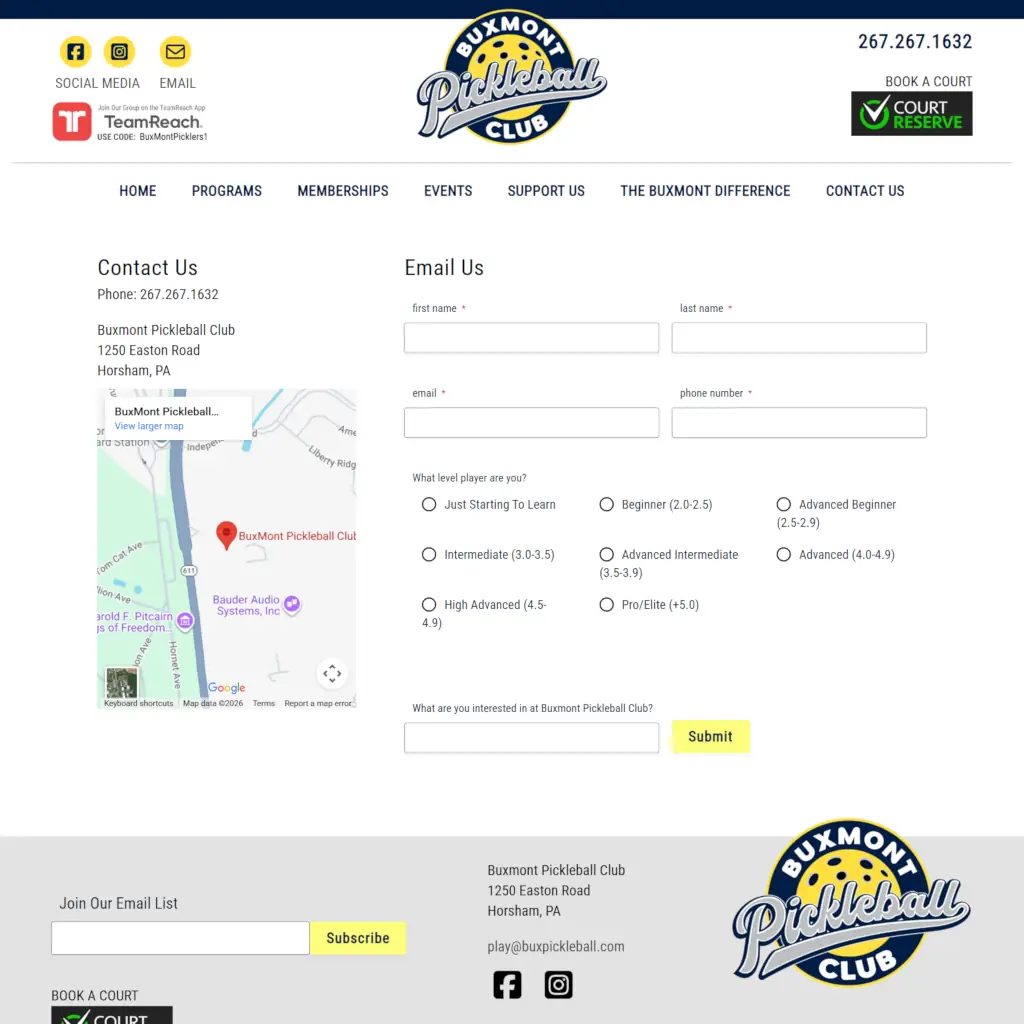 Website contact page for Buxmont Pickleball Club. Includes a contact form, a map with the club’s location, and skill level options for players.