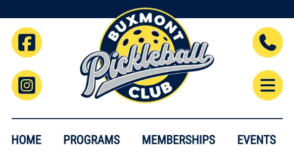 Mobile version Buxmont Pickleball Club website header featuring the logo in the center. Social icons for Facebook, Instagram, and contact. Menu options: Home, Programs, Memberships, Events.