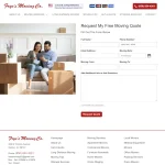 Frye's Moving Co. Get A Quote webpage: A couple sits on a couch, surrounded by moving boxes, viewing a tablet. Beside them is an online moving quote form, conveying a sense of planning and new beginnings.