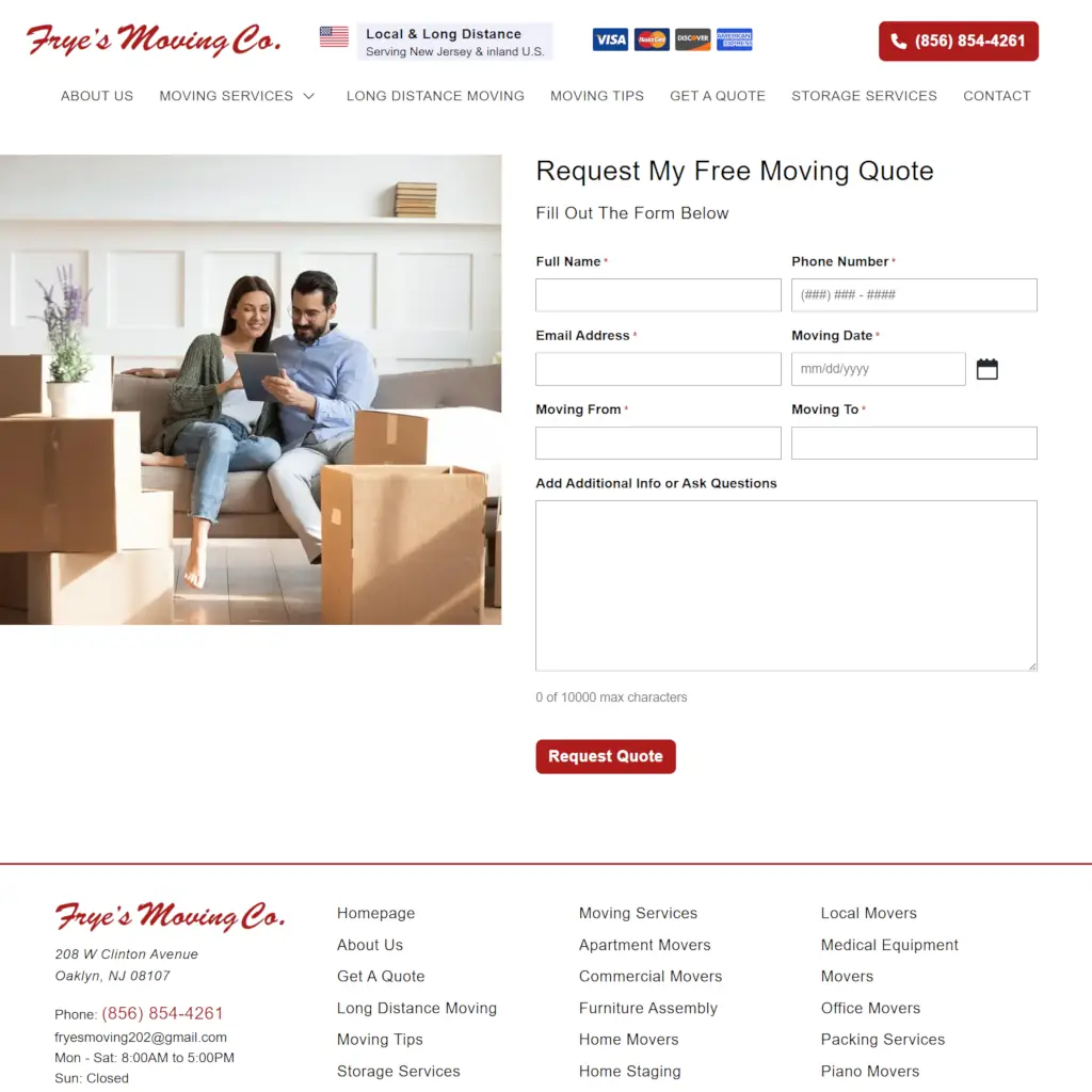 Frye's Moving Co. Get A Quote webpage: A couple sits on a couch, surrounded by moving boxes, viewing a tablet. Beside them is an online moving quote form, conveying a sense of planning and new beginnings.