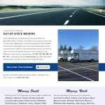 Website for Frye’s Moving Co. showcasing long-distance moving services. Includes an open highway image, two company trucks, and contact details for estimates. Aerial view of empty parking lot. Text lists states served in the South and North regions.
