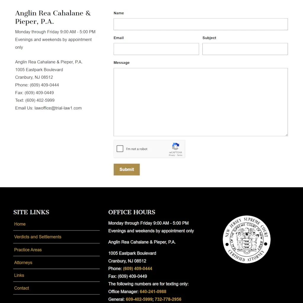 Anglin Rea Cahalane Pieper P.A. website contact form screenshot
