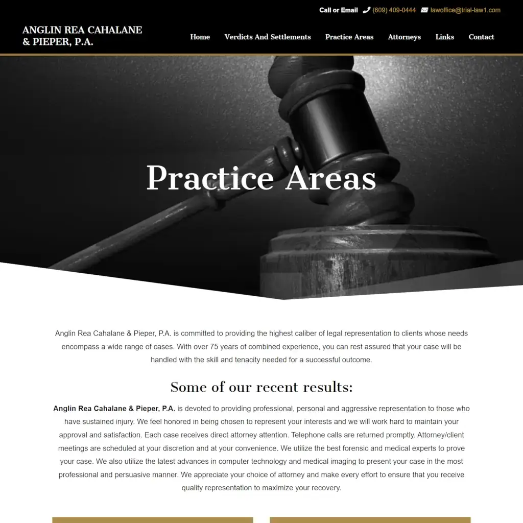 Anglin Rea Cahalane Pieper website practice areas banner and a summary of their services screenshot.