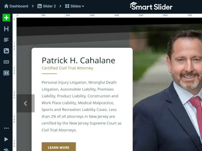 Screenshot of WP Smart Slider plugin admin page for njinjuryhelp.net homepage slider.
