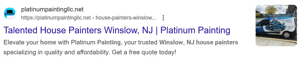 Screenshot of a Google search for "House Painters Winslow NJ" that show Platinum Painting's website in the search results.