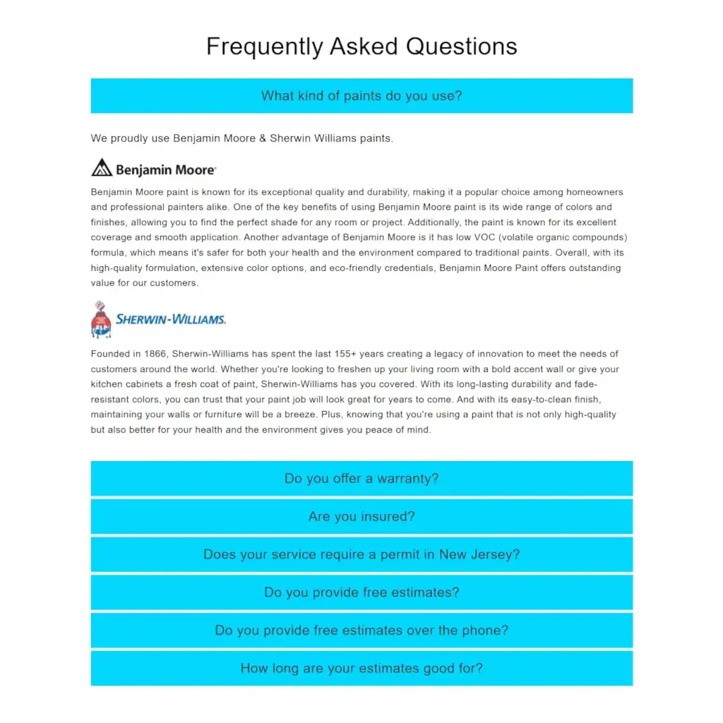 Platinum Painting FAQ website page section about paint usage, highlighting Benjamin Moore and Sherwin Williams.