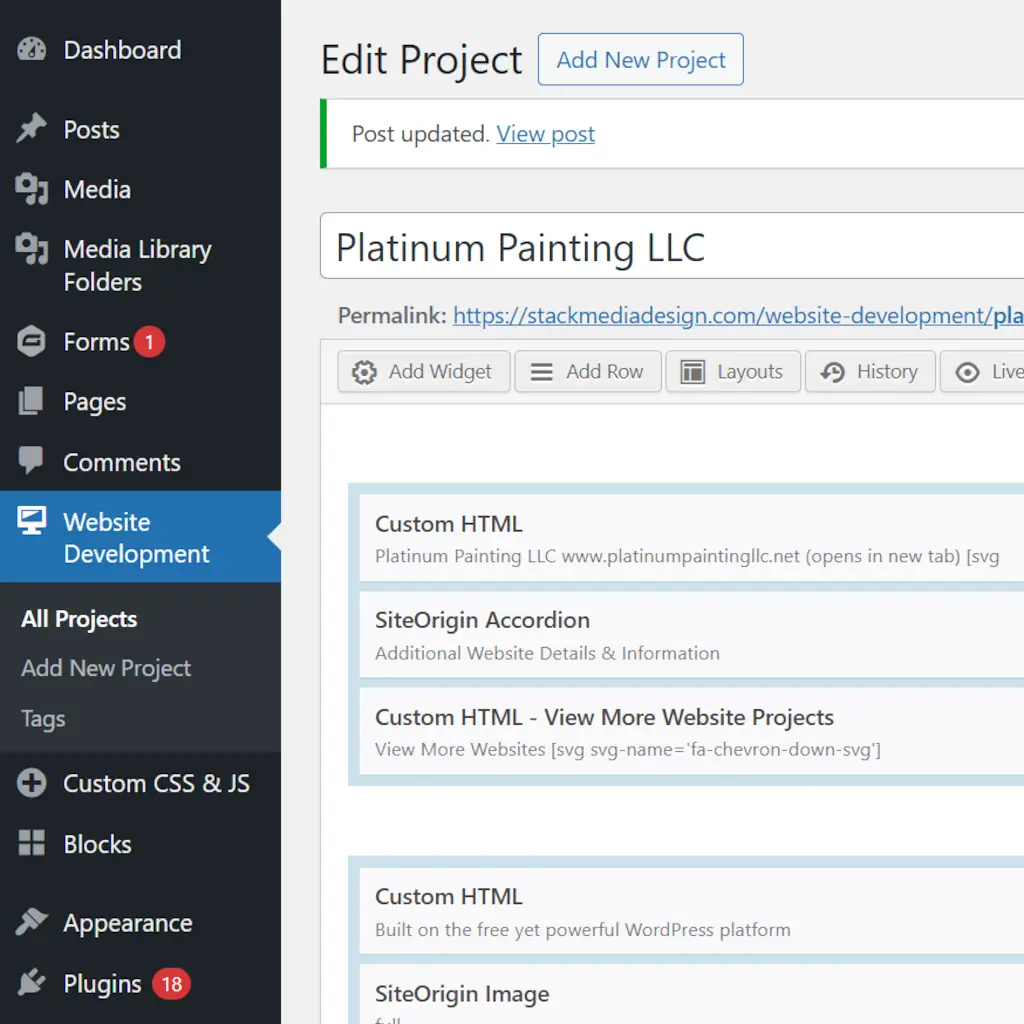 Stack Media Design - WordPress admin edit page for Platinum Painting LLC website project screenshot