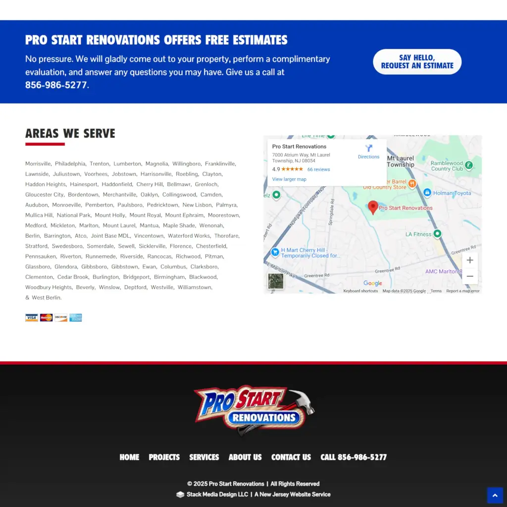 Pro Start Renovations Website Footer Screenshot
