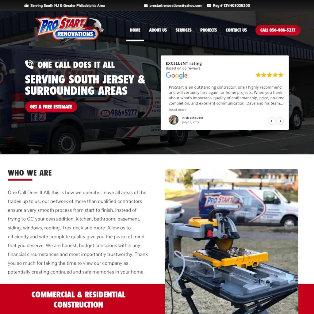 Pro Start Renovations Website Homepage Screenshot