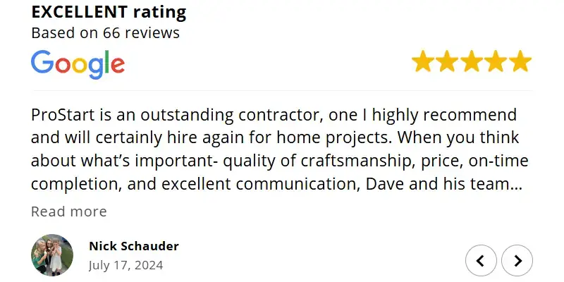 Google review showing an excellent rating with 5 stars based on 66 reviews. The text praises ProStart for quality craftsmanship and communication. Dated July 17, 2024.