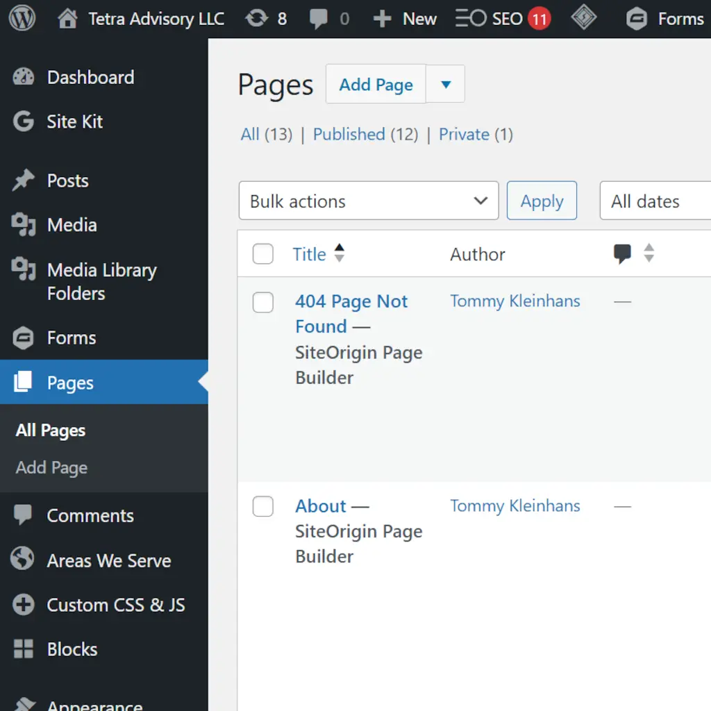 WordPress dashboard showing a list of pages, including "404 Page Not Found" and "About," authored by Tommy Kleinhans. The left menu highlights "Pages."