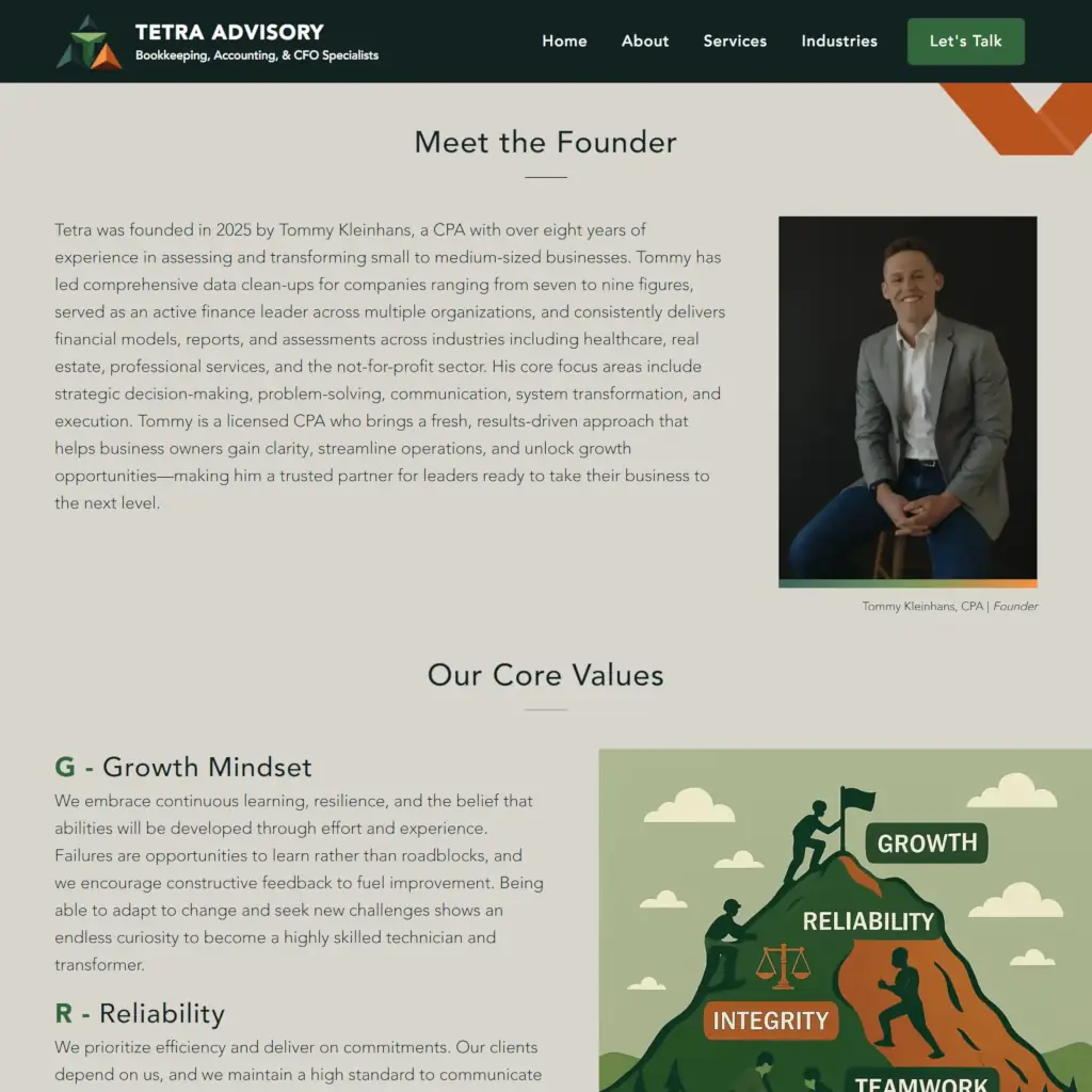 Webpage of Tetra Advisory with a section titled 'Meet the Founder' featuring a text about Tommy Kleinhans, CPA, with a professional photo of him seated, smiling. Below, 'Our Core Values' section highlights 'Growth Mindset' and 'Reliability' alongside an illustration depicting figures climbing a mountain labeled with values like 'Growth', 'Reliability', and 'Integrity'.