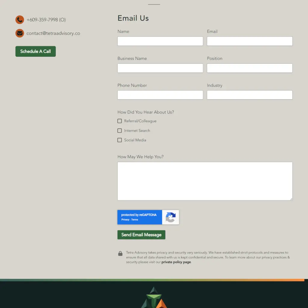 Tetra Advisory website contact form with fields for name, email, and more on a beige background. Options include referral source checkboxes. Green "Send Email Message" button.