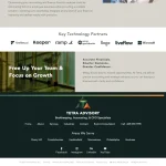 Business website section with 'Free Up Your Team & Focus on Growth' headline. Lists key technology partners like Intuit QuickBooks and Microsoft. Tetra Advisory logo and contact details at the bottom. Professional tone.