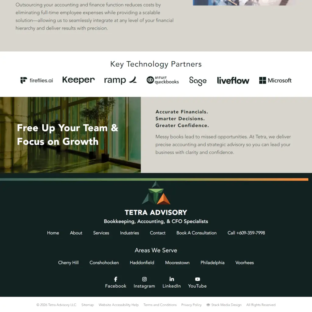 Business website section with 'Free Up Your Team & Focus on Growth' headline. Lists key technology partners like Intuit QuickBooks and Microsoft. Tetra Advisory logo and contact details at the bottom. Professional tone.