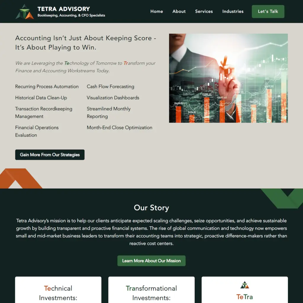 Tetra Advisory website homepage showcasing services like cash flow forecasting and process automation. Includes stock market graphic with rising bars.