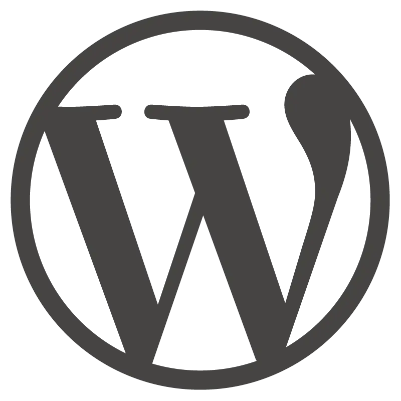 Dark gray WordPress logo, featuring a stylized 